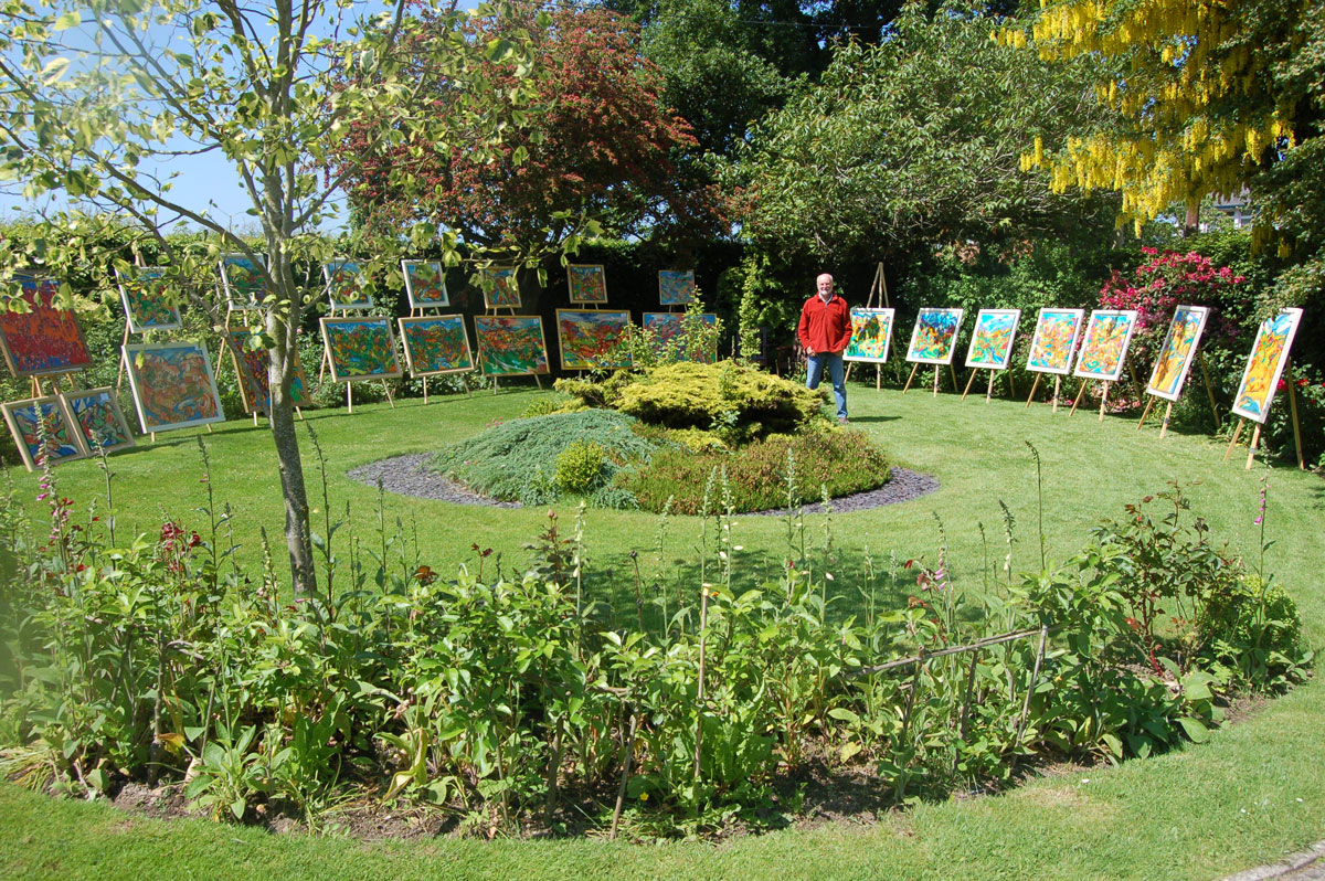 David Brightmore showcasing his artwork in his home garden